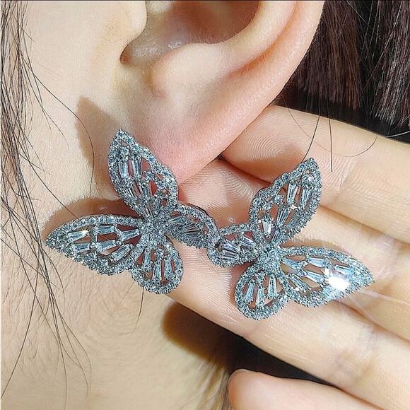 Platinum Butterfly Matching Zircon Necklace Earrings Ring Silver Set - Picture 7 of 10